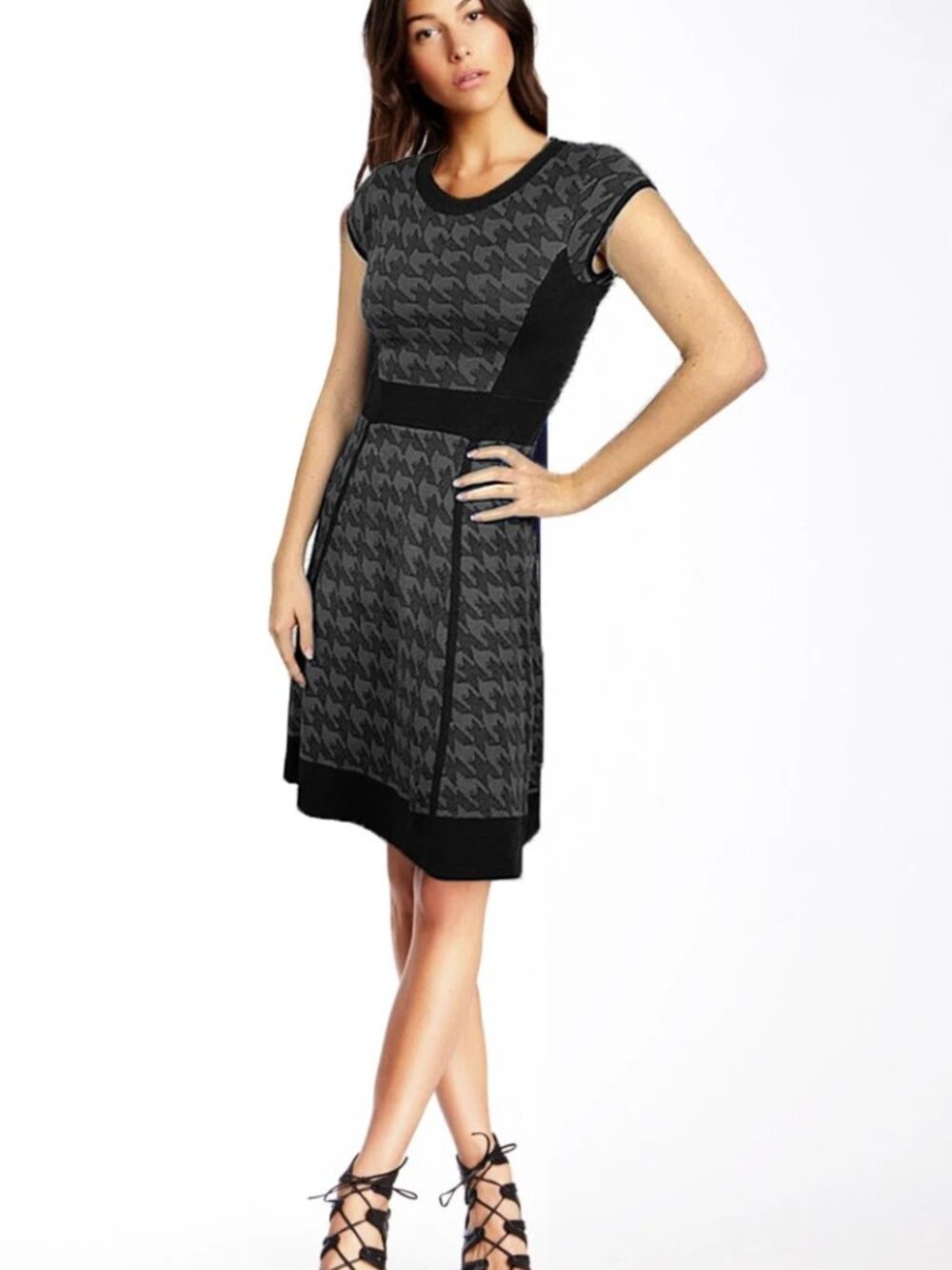 Jessica Simpson Gray & Black Houndstooth Knee Length Sweater Knit Dress M